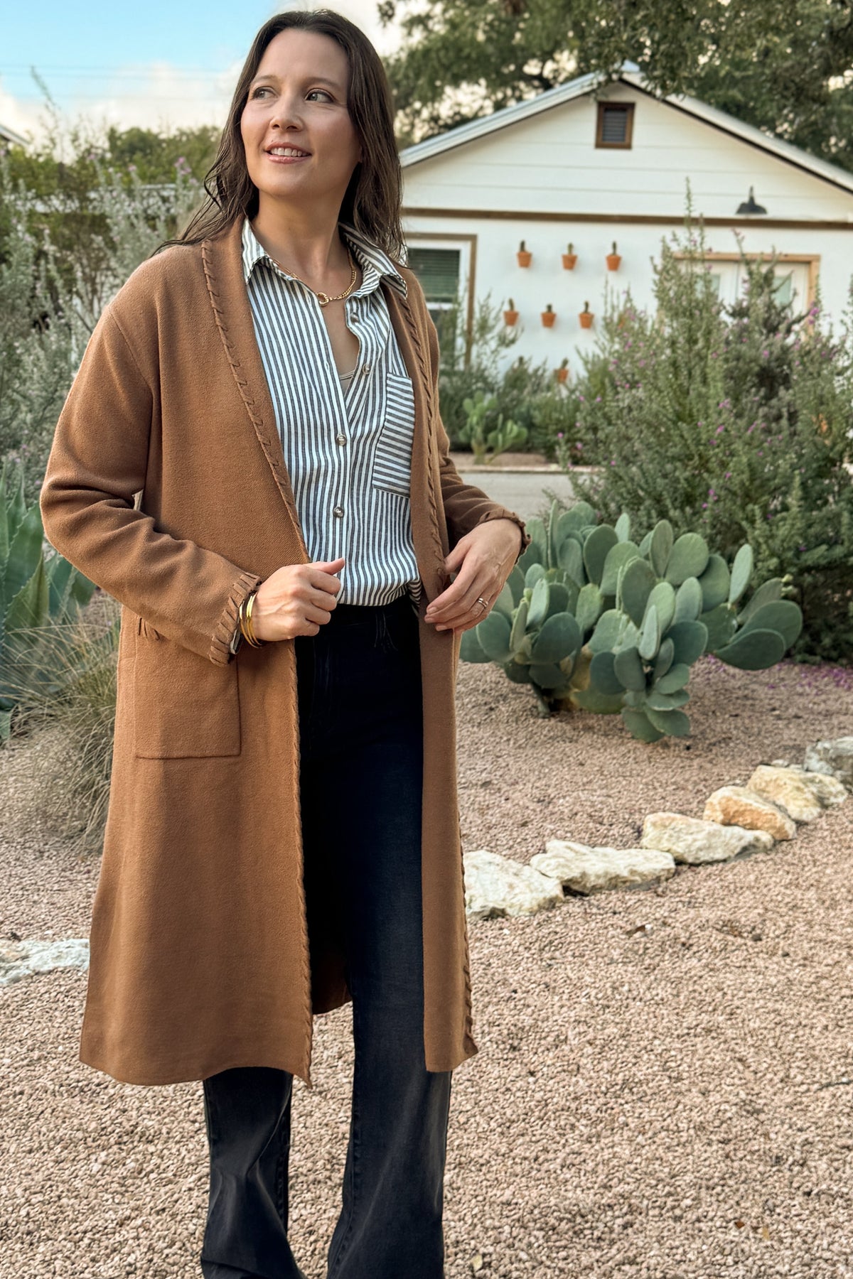 &nbsp;This long line cardigan with whipstitch detail adds a polished layer to any outfit. Soft and medium weight, it drapes beautifully while the whipstitch edging gives it a subtle, elevated touch.