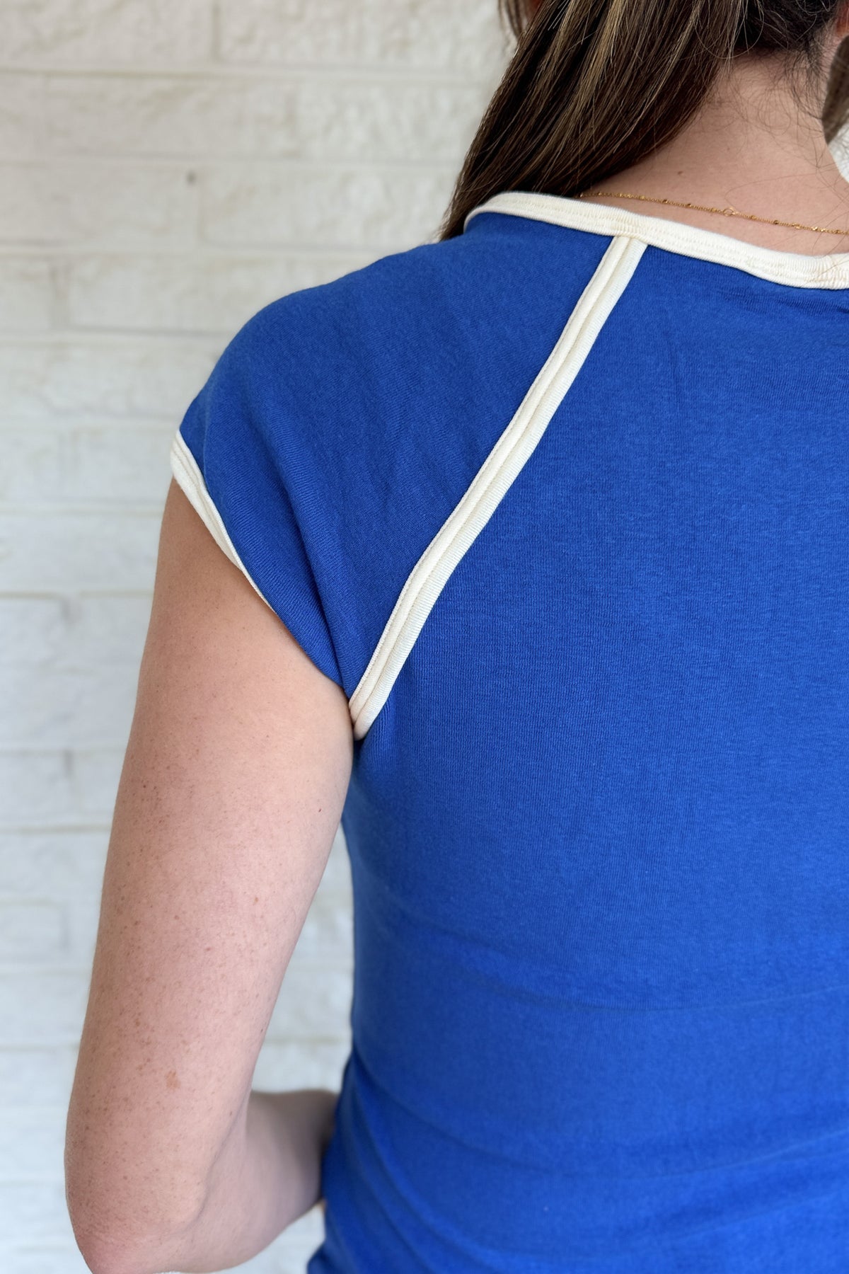 Blanco Texas boutique clothing, local women’s clothing store, cotton women’s clothing, stretchy knit tee, royal blue women’s top, sporty style tee, effortless casual outfits, made for everyday wear, shop online women’s fashion