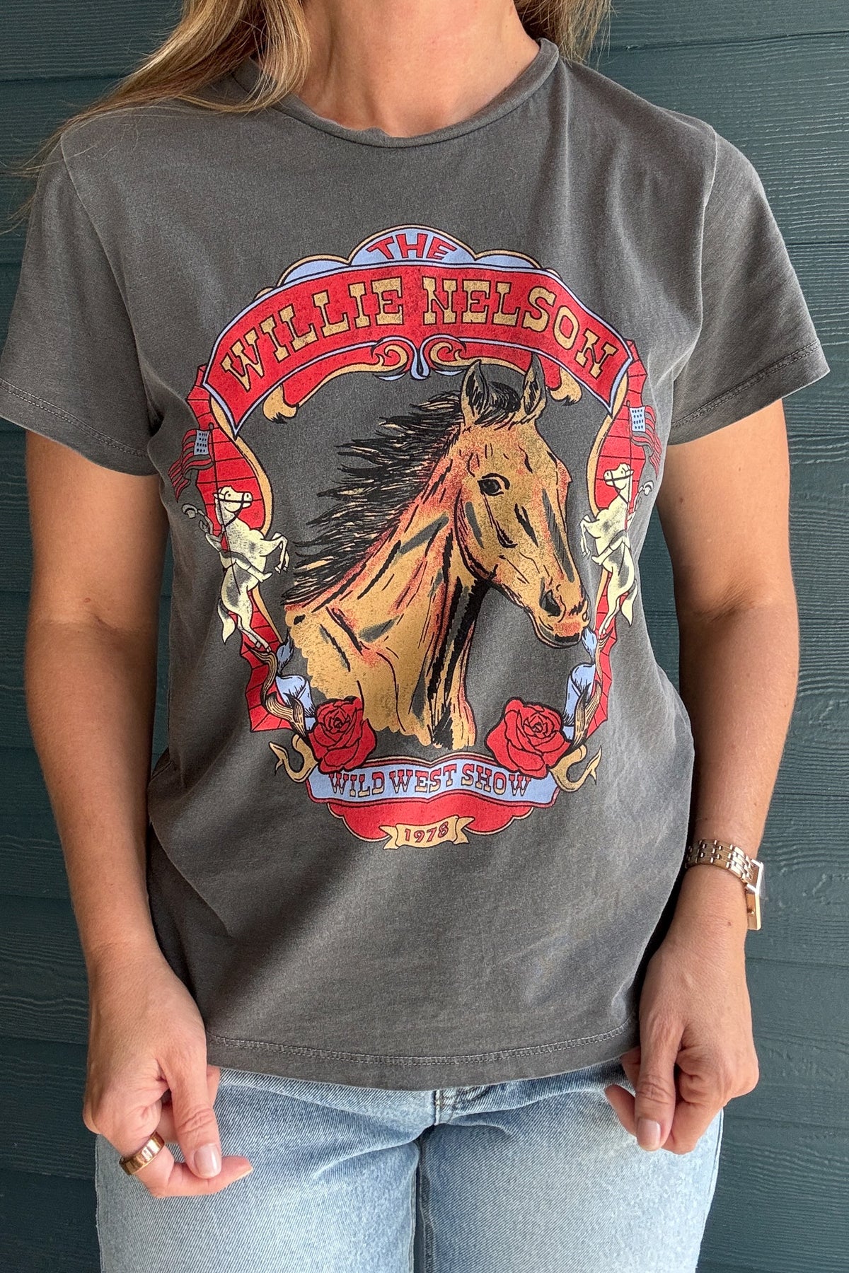 Women’s Willie Nelson Wild West graphic tee by People of Leisure in washed charcoal cotton, ethically made in the USA.