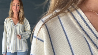 A woman wearing a cream knit cardigan with vertical navy blue stripes, shown in a split view with a full-body shot on the left and a close-up of the knit texture and collar on the right.