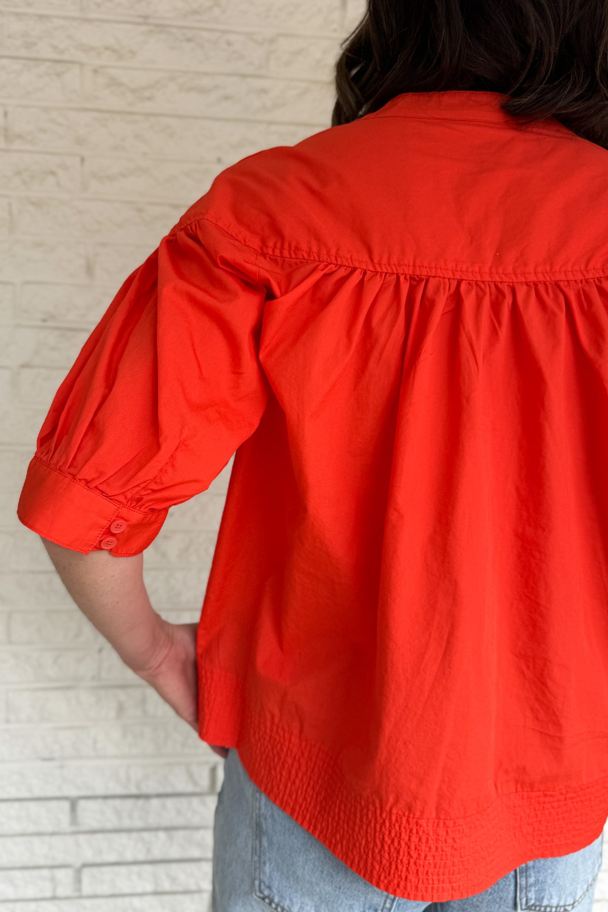 shop women’s cotton tops online USA, women’s boutique in Blanco Texas, red-orange cotton blouse, effortless women’s clothing, boutique women’s fashion near me, breathable natural fabric clothing, Cotton & Cashmere women’s boutique