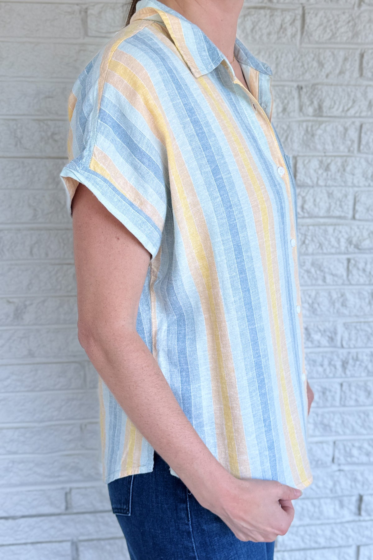 effortless striped button up, relaxed linen blend blouse, vertical stripe shirt women, casual chic button down, easy everyday blouse, warm weather outfit top, laid back style shirt, soft drape blouse women