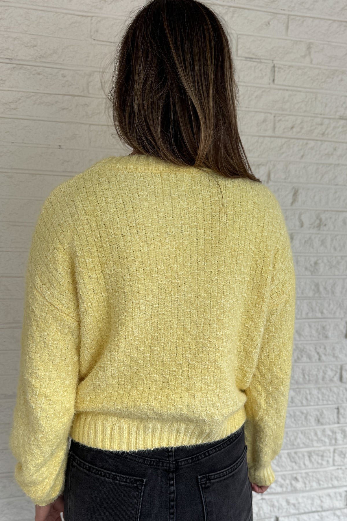 Soft, cheerful, and effortlessly cozy — this braided knit sweater adds a touch of sunshine to cool days. Its subtle checkered texture gives it dimension, while the classic crew neckline and ribbed edges keep it timeless. Easy to pair with denim or skirts for a bright, everyday look.