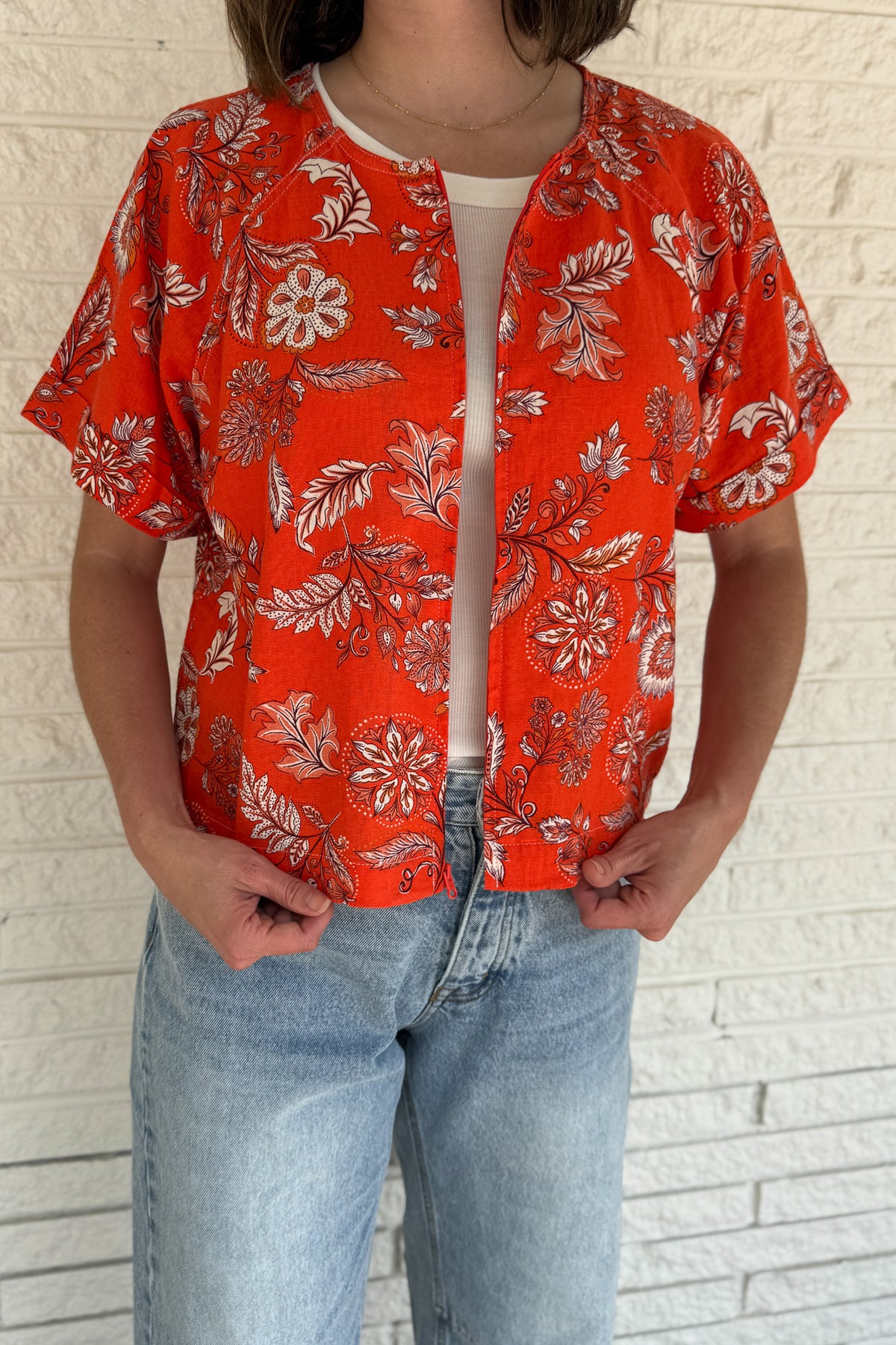 women’s floral top, zip front blouse for women, boutique clothing store near me, linen blend women’s fashion, lightweight summer tops, women’s clothing boutique Texas, elevated casual women’s style