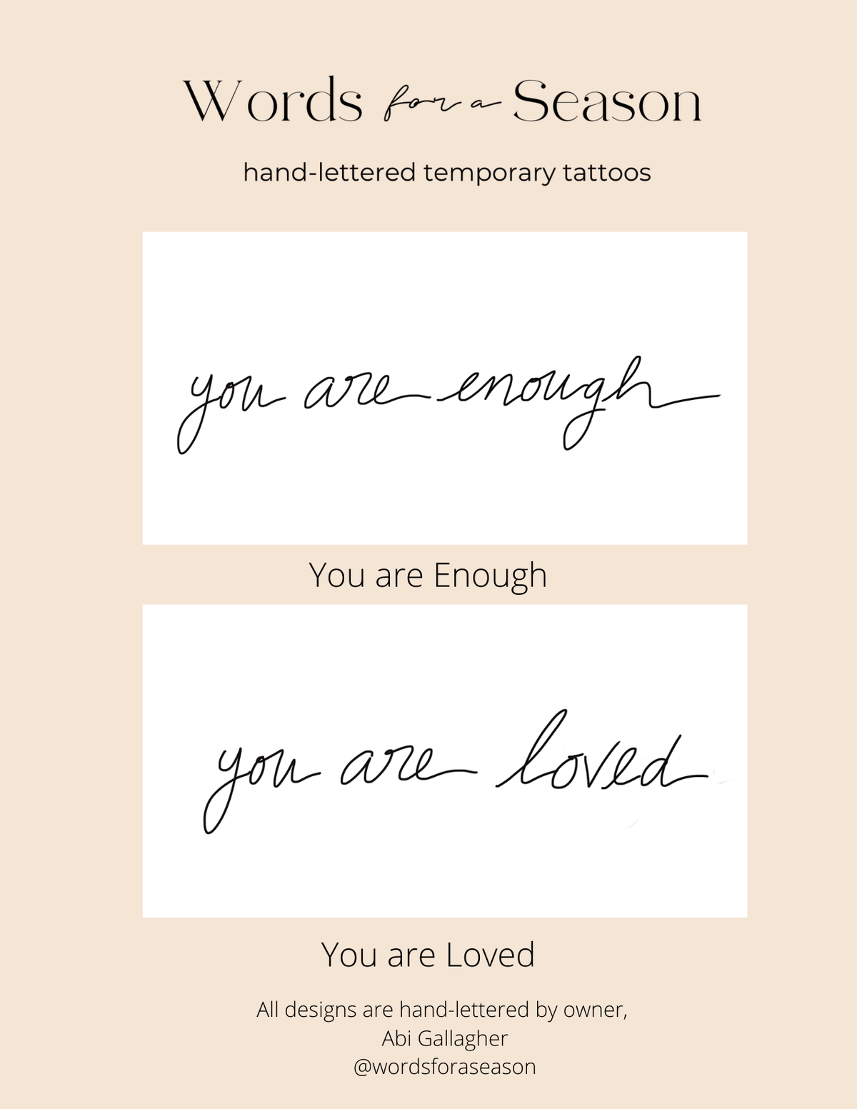 Get inspired and boost your mental health with these powerful words from Words for a Season! The 2-pack, You Are, features our most popular phrases and all temporary tattoos are hand-drawn by owner Abi Gallagher. Give the gift of motivation with this multi-pack, perfect for a friend or daughter!
